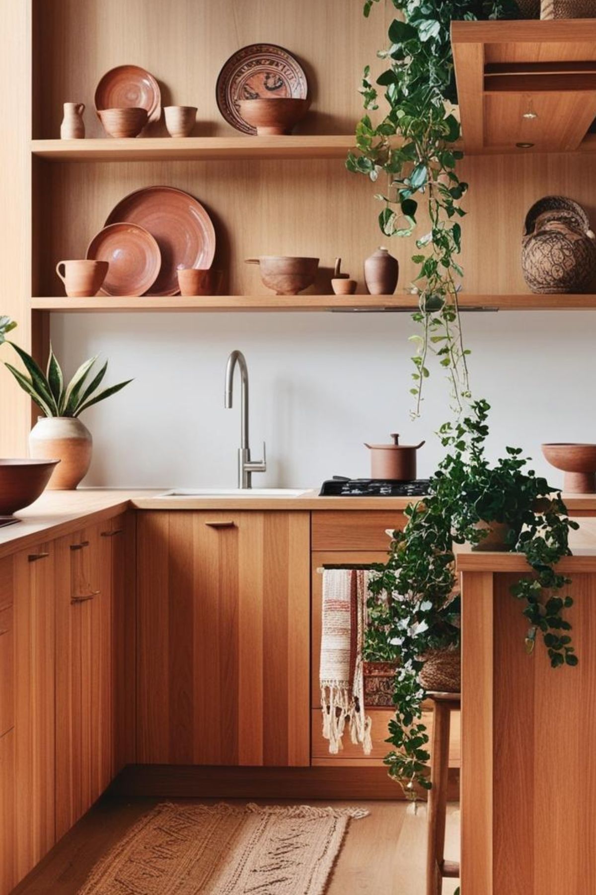 Cuisine bohème en bois clair. Des étagères contiennent de la vaisselle en terre cuite. Un évier et des placards complètent l'ensemble. Une plante grimpante pend des étagères supérieures. Un tapis en fibres naturelles est posé au sol.