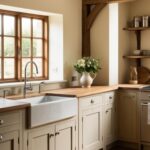 Un évier en porcelaine blanche est installé dans une cuisine rustique. Des armoires beige clair l'entourent, sous des poutres en bois apparentes. Le plan de travail est en bois clair. Une fenêtre à croisillons et des étagères complètent le décor champêtre.