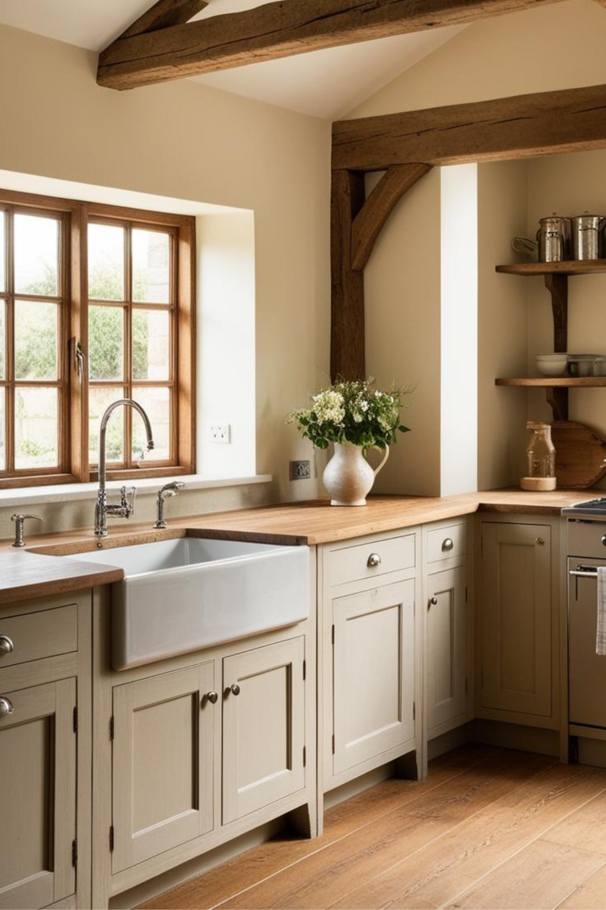 Un évier en porcelaine blanche est installé dans une cuisine rustique. Des armoires beige clair l'entourent, sous des poutres en bois apparentes. Le plan de travail est en bois clair. Une fenêtre à croisillons et des étagères complètent le décor champêtre.