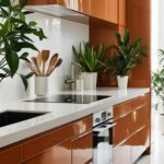 Une cuisine moderne aux armoires ocre brillantes. Un four encastré est intégré dans les armoires. Des plantes vertes ornent le comptoir. Un plan de travail clair et des ustensiles en bois complètent le décor.