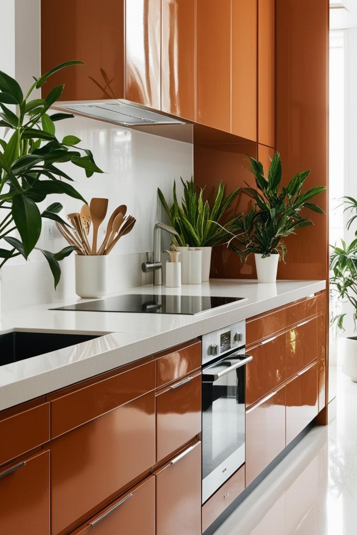 Une cuisine moderne aux armoires ocre brillantes. Un four encastré est intégré dans les armoires. Des plantes vertes ornent le comptoir. Un plan de travail clair et des ustensiles en bois complètent le décor.