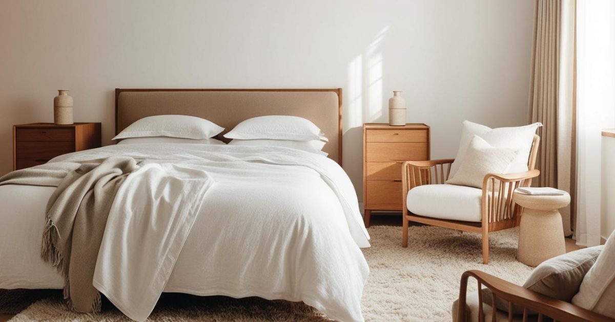 Un lit blanc bien fait est dans une chambre lumineuse et aérée, avec des tables de chevet en bois, des chaises et un tapis moelleux.