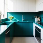 Une cuisine moderne présente des armoires blanches, des comptoirs et un dosseret bleu turquoise lumineux, sous une lumière vive venant d'une fenêtre.