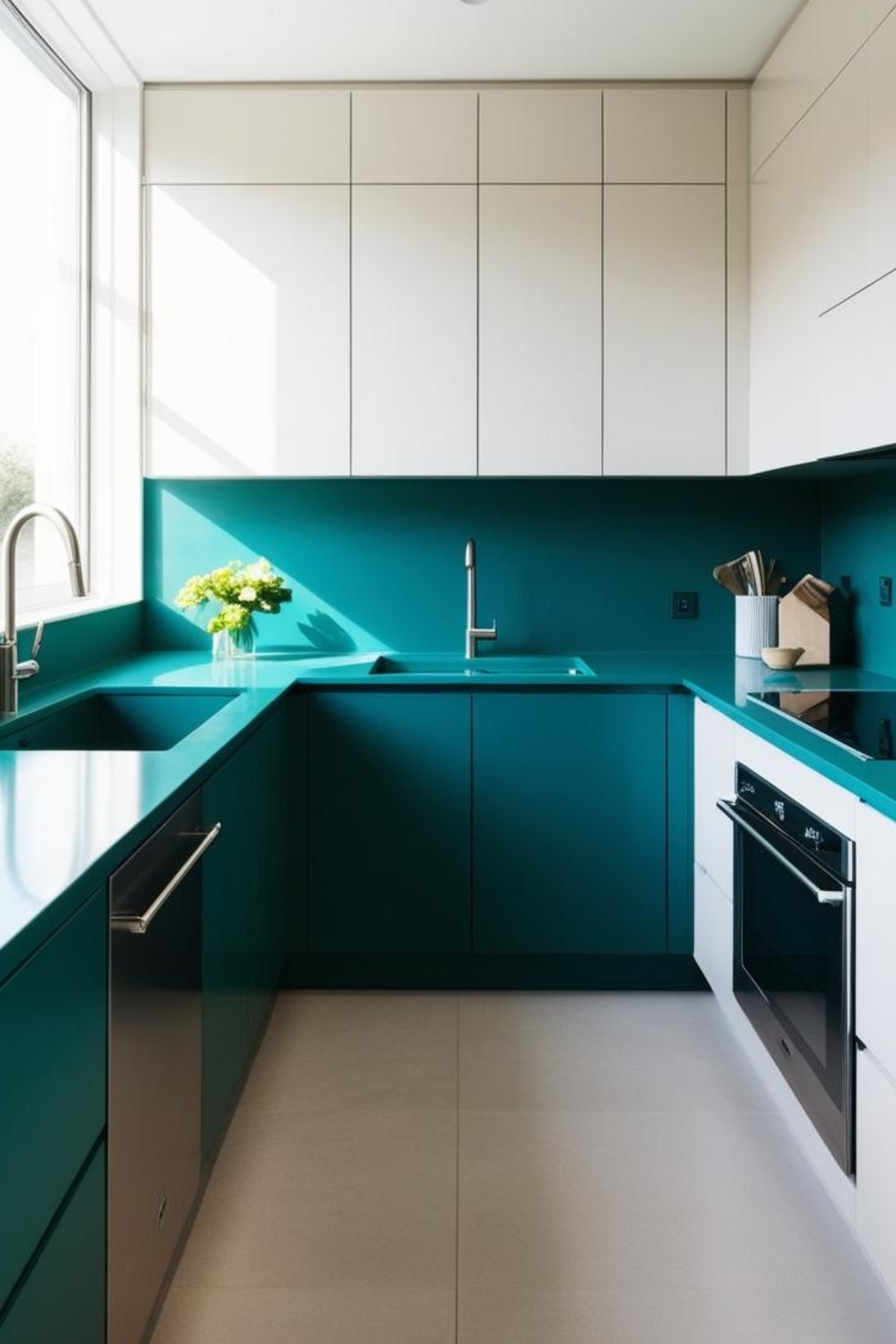 Une cuisine moderne présente des armoires blanches, des comptoirs et un dosseret bleu turquoise lumineux, sous une lumière vive venant d'une fenêtre.