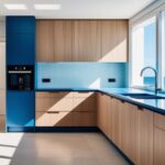 Cuisine moderne en angle avec des armoires en bois clair, un îlot bleu, et un four intégré, éclairée par une grande fenêtre donnant sur l'océan.