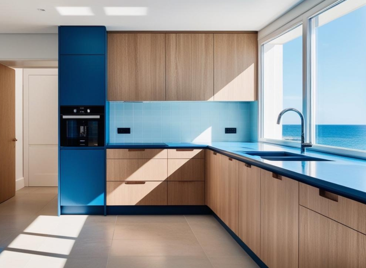 Cuisine moderne en angle avec des armoires en bois clair, un îlot bleu, et un four intégré, éclairée par une grande fenêtre donnant sur l'océan.