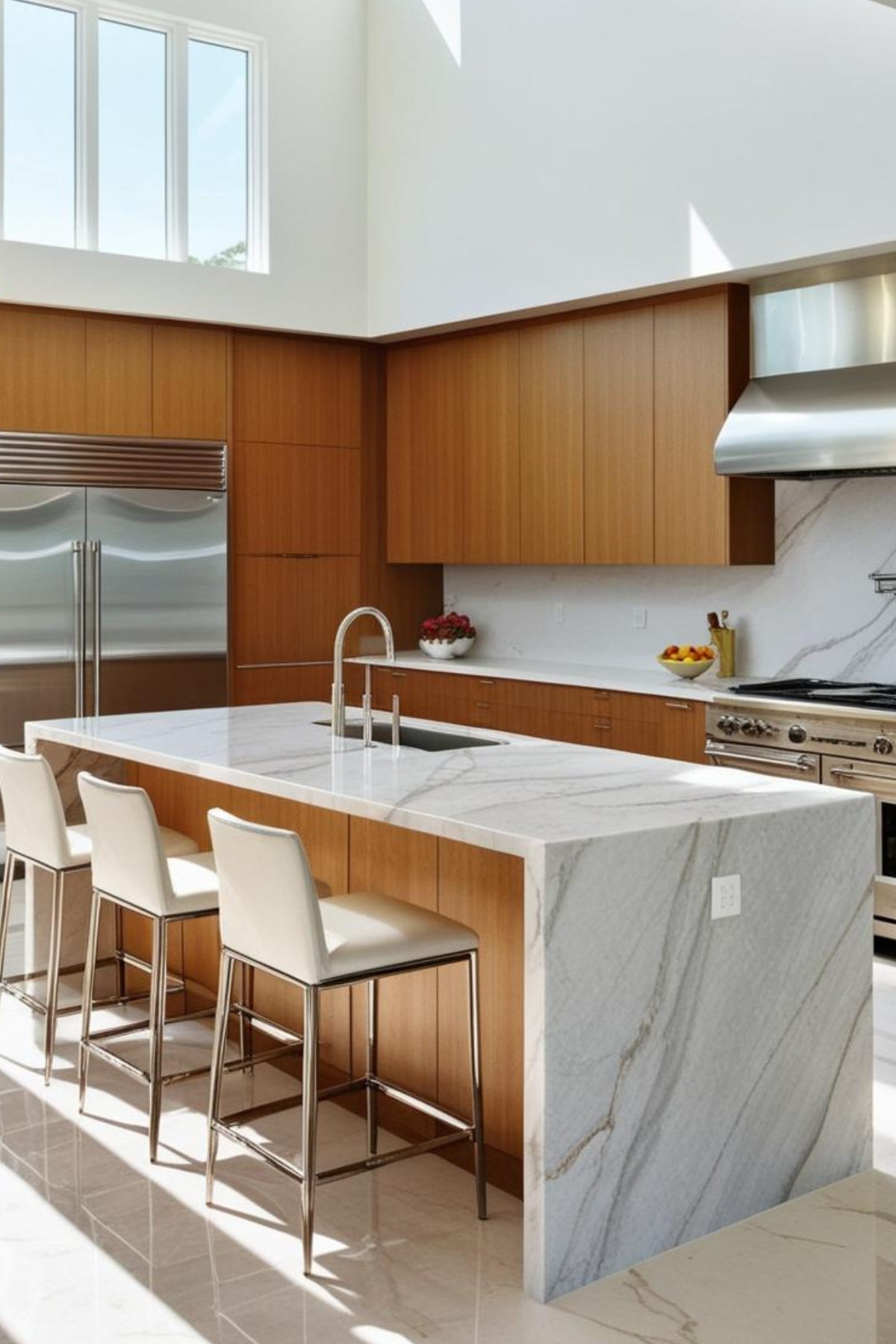 une cuisine de luxe moderne baignée de lumière, avec un îlot central en marbre blanc, des tabourets en cuir, et des armoires en bois clair.