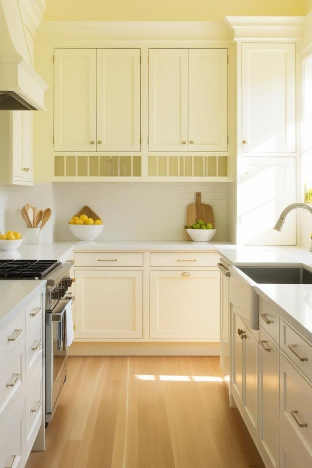 C'est une cuisine lumineuse avec des armoires beiges, un plan de travail blanc immaculé, un évier encastré et un sol en bois clair, le tout baigné de soleil.