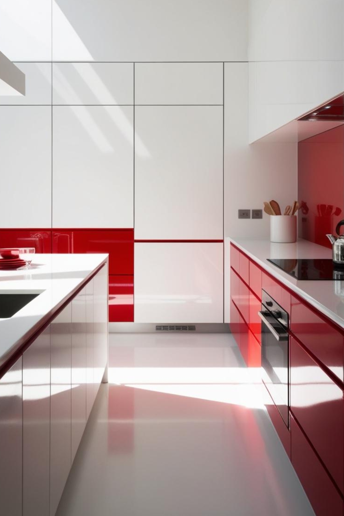 une cuisine moderne avec des armoires blanches et rouges brillantes, une lumière vive se reflétant sur le sol blanc. L'ensemble est épuré et minimaliste.