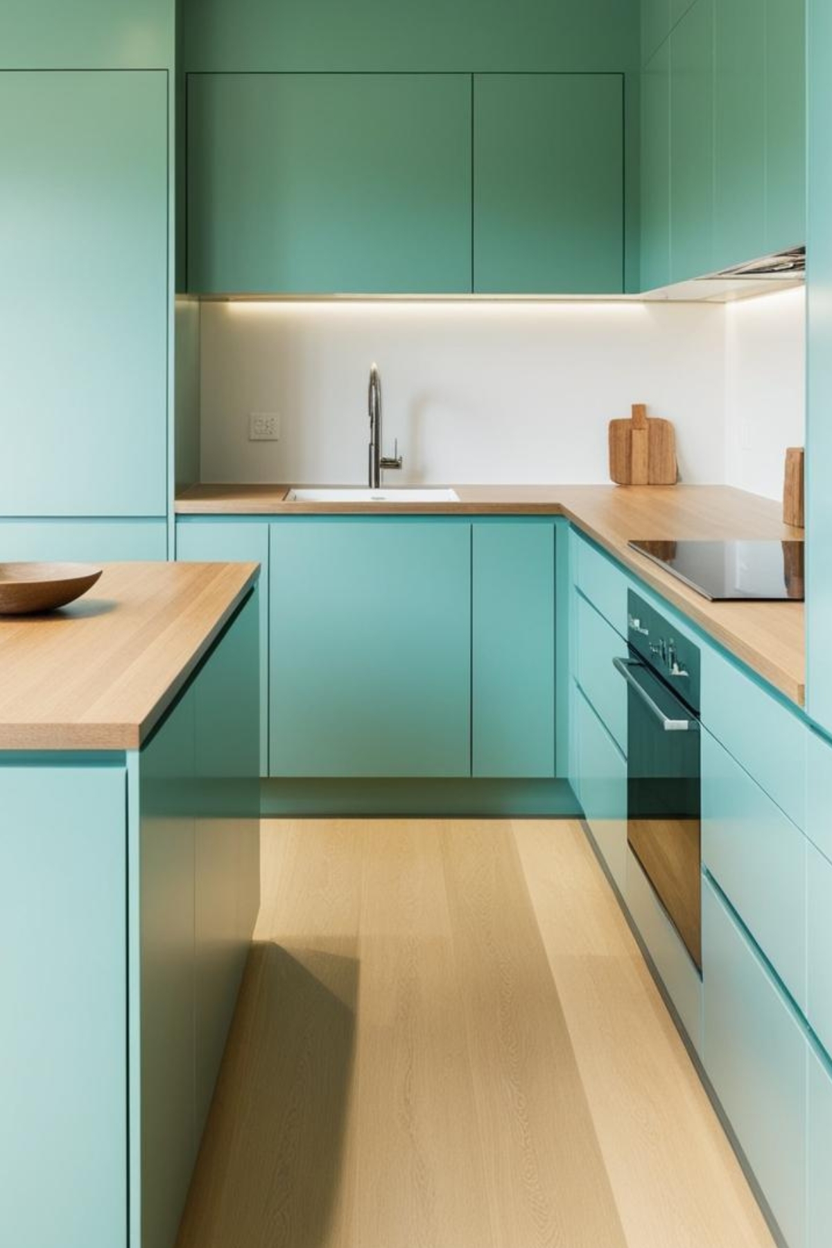 Une cuisine moderne couleur vert d'eau présente des armoires épurées, un comptoir en bois clair et un évier blanc, le tout illuminé par un éclairage sous les armoires.