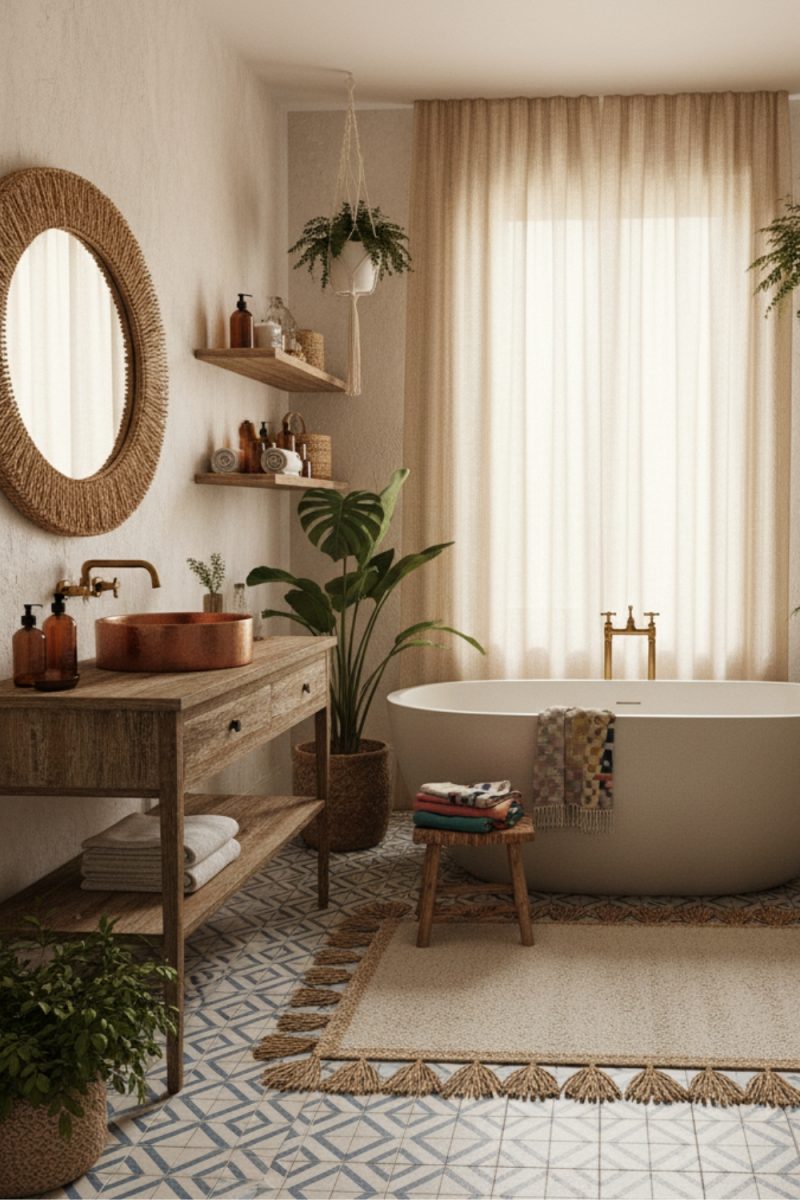 Voici une salle de bain zen et bohème, avec baignoire îlot, lavabo en cuivre, plantes et tapis en fibres naturelles, baignée de lumière douce.