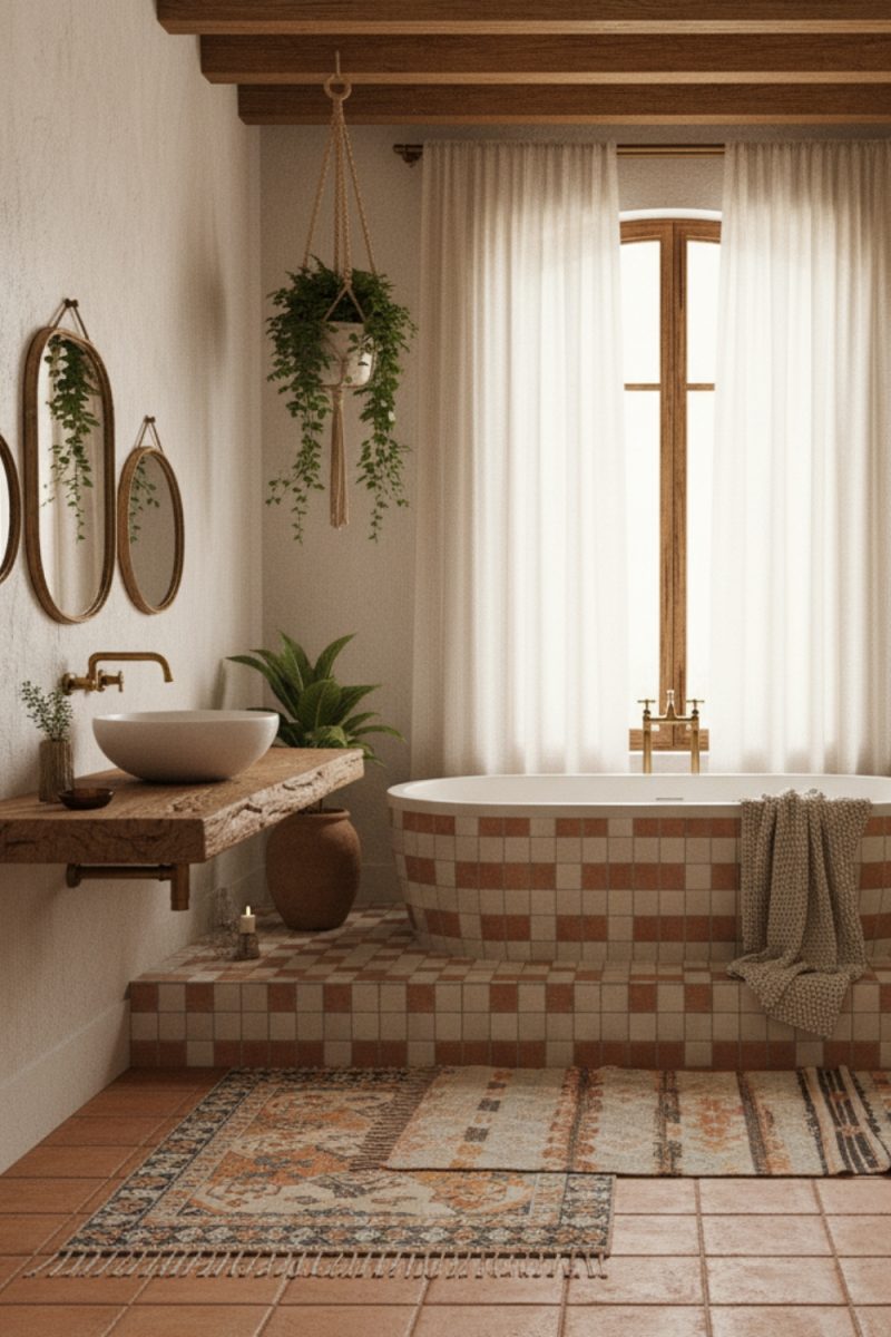 Salle de bains bohème chic avec baignoire carrelée, lavabo en bois brut et plantes suspendues. L'ambiance est douce et naturelle, baignée de lumière tamisée.