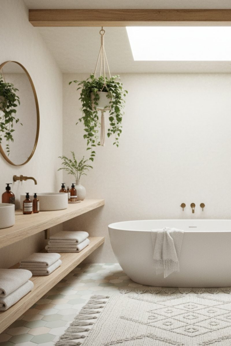 Une salle de bain minimaliste avec une baignoire ovale, un miroir rond, des étagères en bois, et des plantes suspendues, le tout baigné de lumière naturelle.