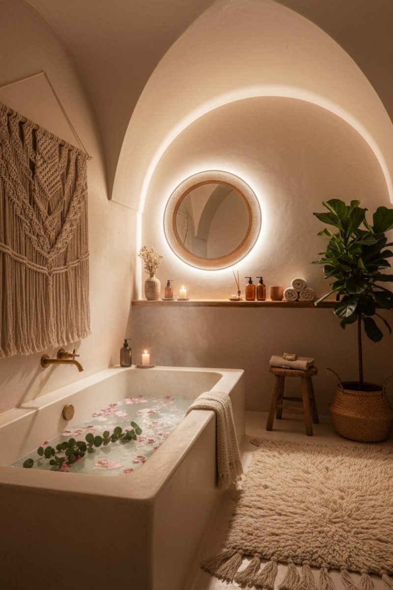 Une salle de bain apaisante avec une baignoire remplie de fleurs, un miroir rond illuminé et une plante verte, créant une ambiance zen et relaxante.