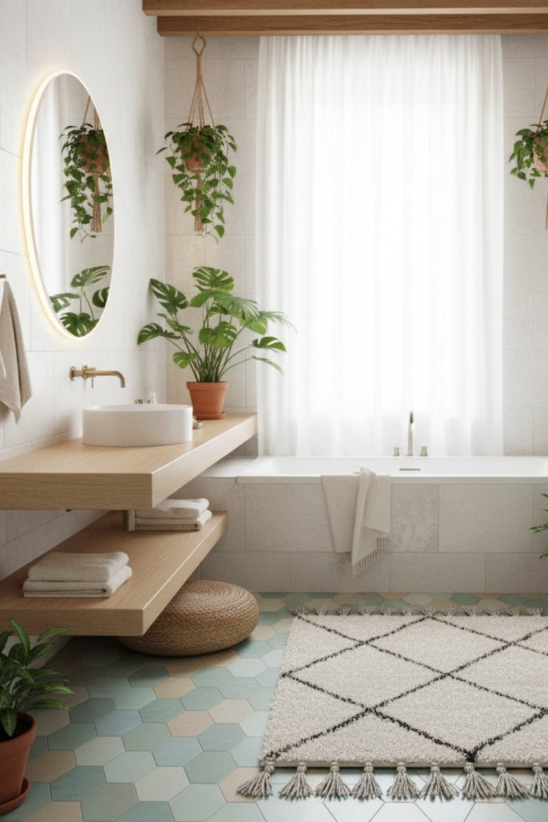 Une salle de bain lumineuse avec une baignoire, un lavabo sur une étagère en bois et des plantes vertes suspendues et au sol. Le sol est carrelé d'hexagones colorés.
