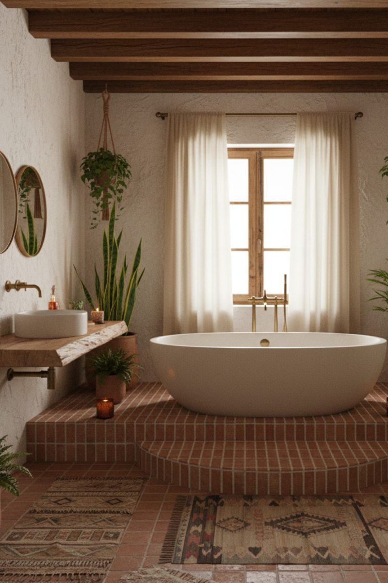 Une baignoire ovale blanche trône sur une estrade carrelée, baignée de lumière naturelle filtrée par des rideaux. Des plantes et des miroirs ornent les murs texturés.