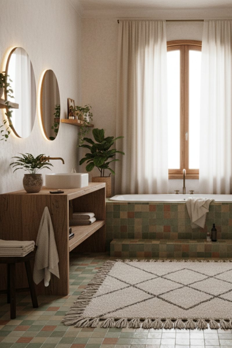 Salle de bain zen aux teintes douces : meuble vasque en bois, baignoire carrelée, miroirs ronds lumineux et tapis à motifs losanges, baignée de lumière naturelle.