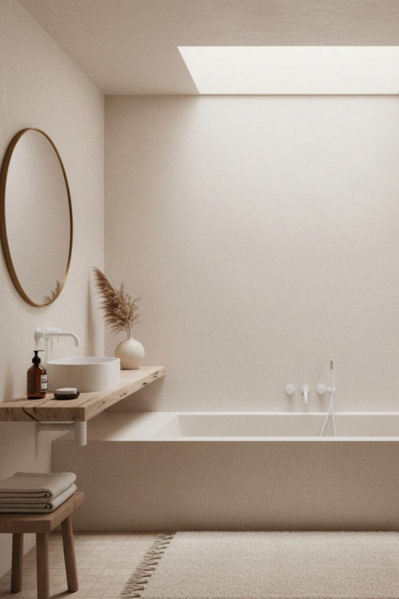 Salle de bain minimaliste beige avec un miroir rond, une vasque sur une étagère en bois, une baignoire et un tapis clair sous un puits de lumière.