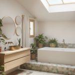 Une salle de bain lumineuse présente un meuble-lavabo en bois, une baignoire blanche et des plantes vertes. Le décor est chaleureux et naturel sous un toit incliné avec une fenêtre.