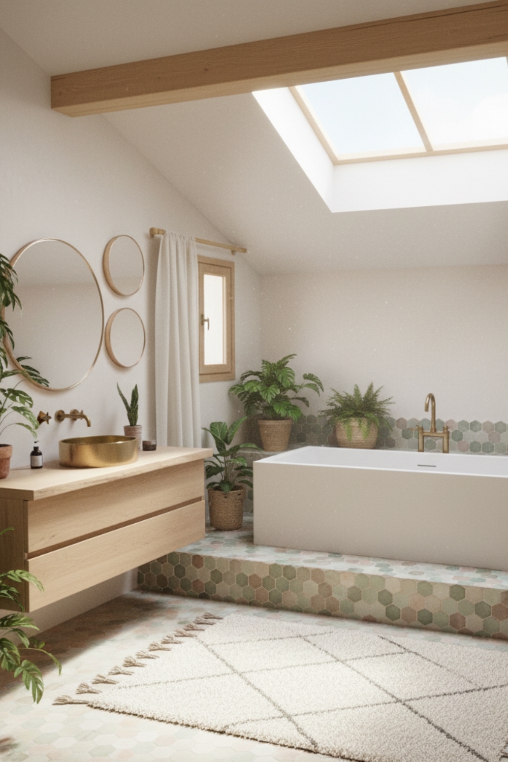 Une salle de bain lumineuse présente un meuble-lavabo en bois, une baignoire blanche et des plantes vertes. Le décor est chaleureux et naturel sous un toit incliné avec une fenêtre.