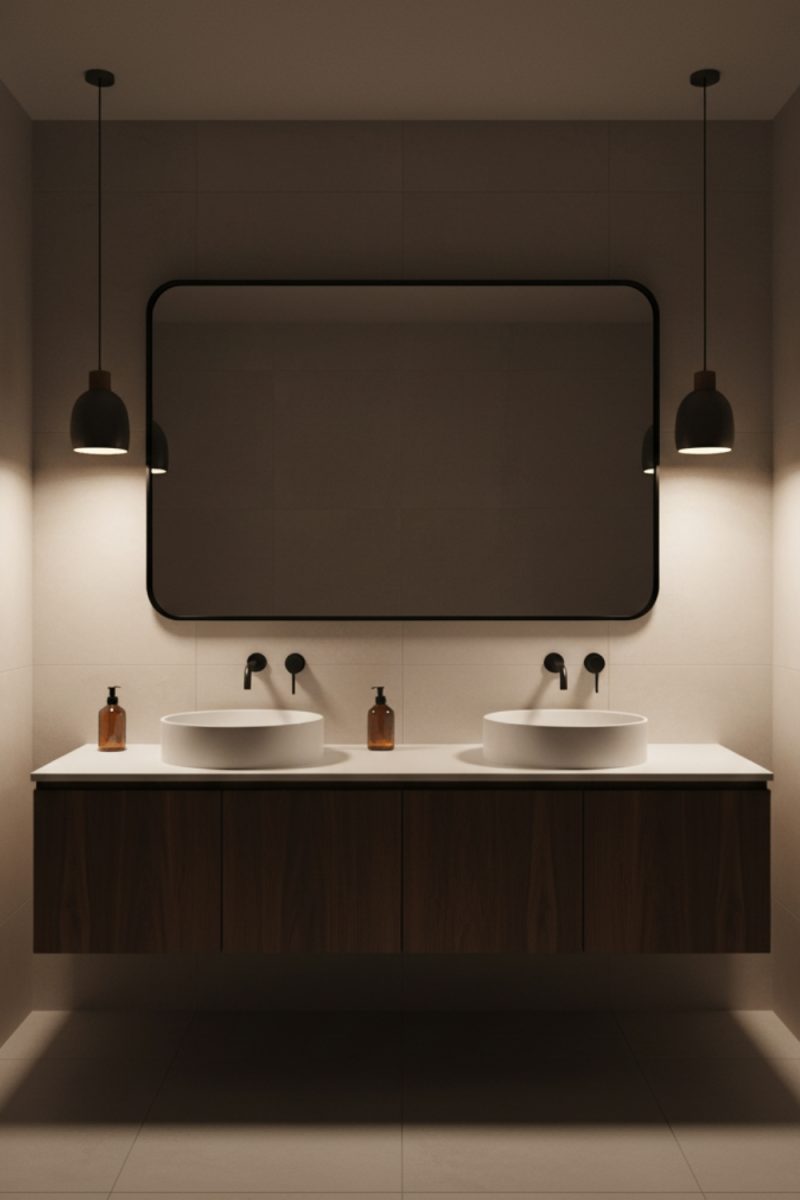Une salle de bain moderne et sombre avec un meuble-lavabo en bois foncé, deux lavabos circulaires blancs, un grand miroir rectangulaire à cadre noir et deux suspensions noires.