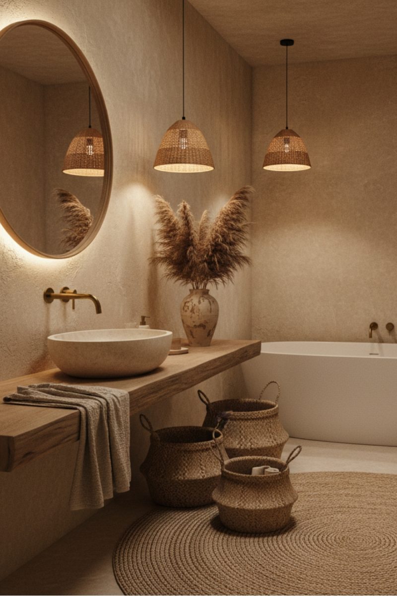 Une salle de bain minimaliste et chaleureuse avec des suspensions en rotin, un miroir ovale éclairé, une vasque en pierre et une baignoire blanche.