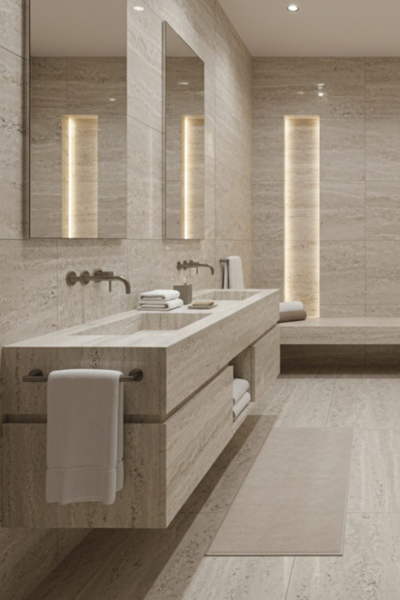 Salle de bain moderne avec double vasque en pierre, miroirs éclairés, carrelage ton sur ton et tapis au sol, créant une ambiance minimaliste et apaisante.