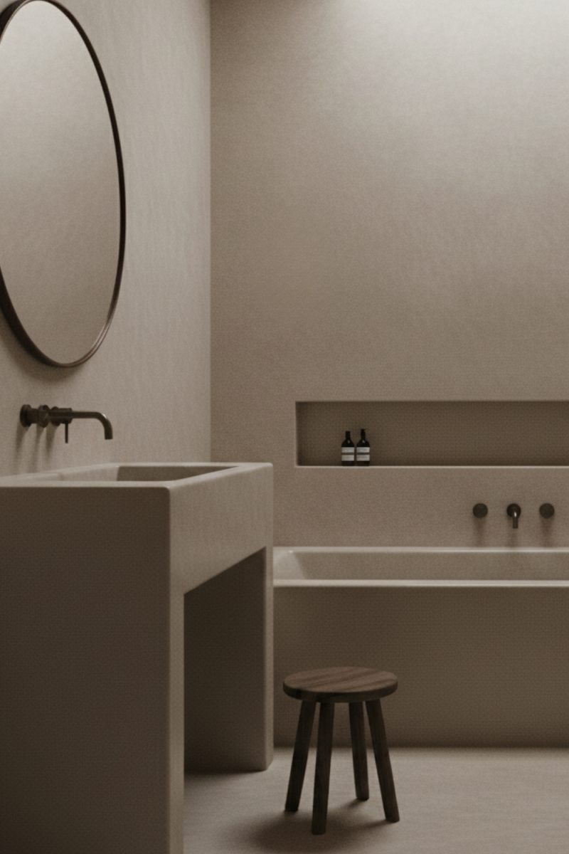 Une salle de bain minimaliste couleur terre. On voit un lavabo, un miroir, une baignoire et un petit tabouret en bois. Deux bouteilles sont posées sur une étagère.