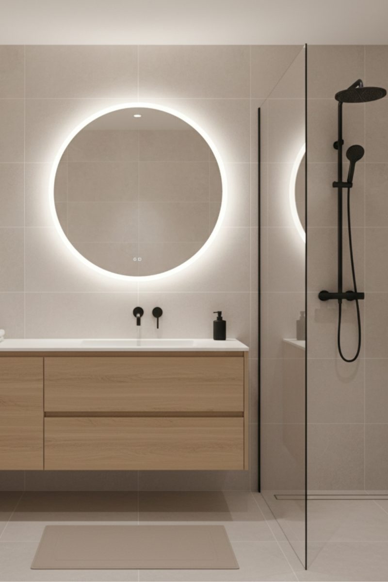 Une salle de bain moderne. Le miroir rond lumineux, la vasque en bois clair et la douche minimaliste créent une ambiance épurée et apaisante.