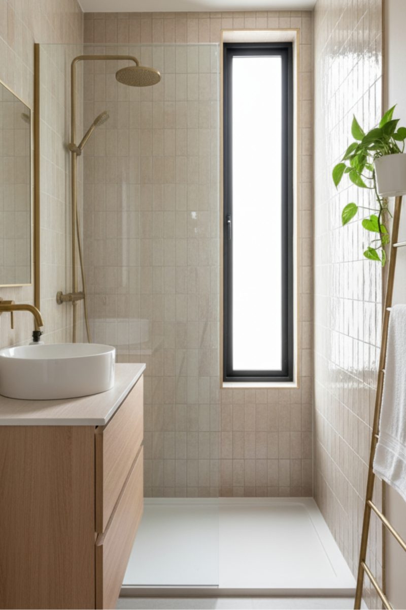 Une salle de bain moderne présente un lavabo rond sur un meuble en bois, une douche avec une paroi en verre, une fenêtre étroite et des carreaux beiges sur les murs.