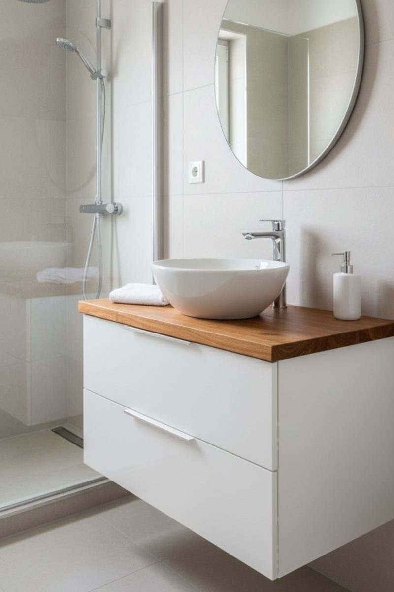 Meuble-lavabo flottant avec vasque blanche sur comptoir en bois. Un miroir rond orne le mur carrelé, tandis qu'une douche moderne est visible en arrière-plan.