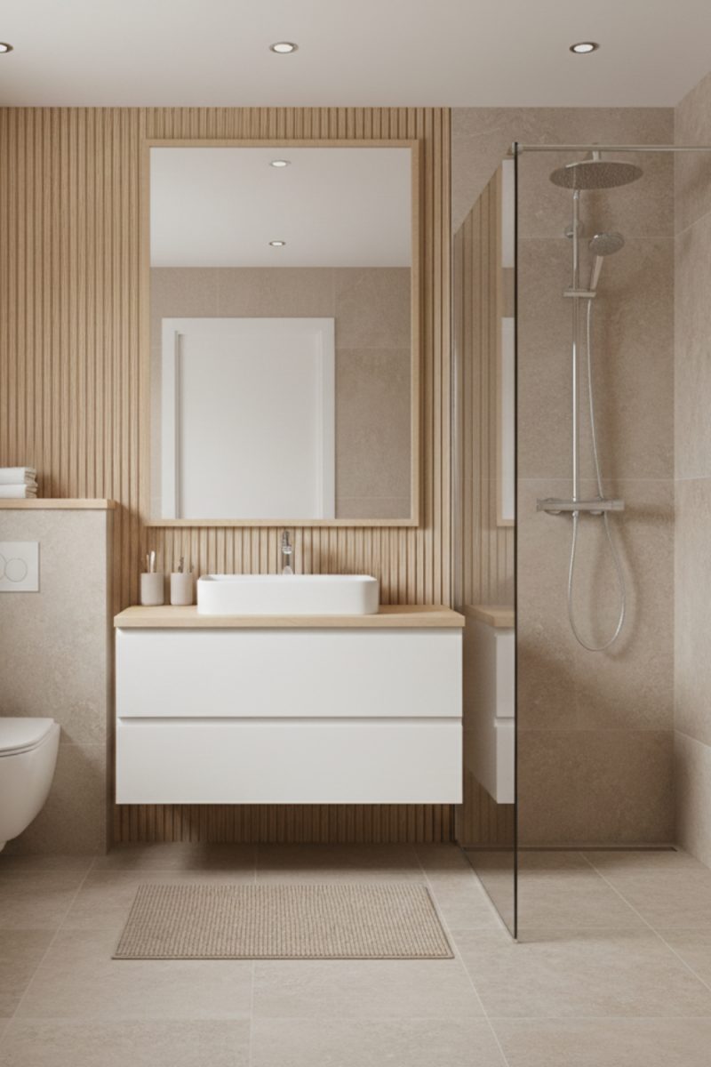 Voici une salle de bain moderne avec des murs en bois clair, un meuble-lavabo blanc, un miroir rectangulaire et une douche vitrée.