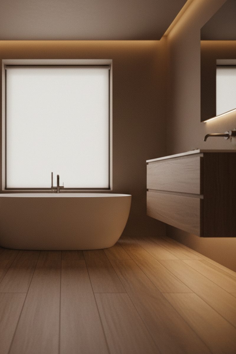 Une salle de bain minimaliste. Une baignoire ovale est placée près d'une fenêtre. Un meuble-lavabo suspendu est adossé au mur, éclairé par une lumière douce.
