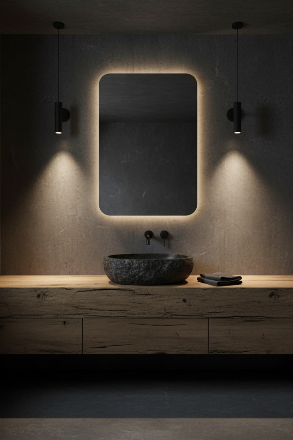 Un lavabo en pierre repose sur un meuble en bois clair, éclairé par un miroir lumineux et des spots suspendus dans une salle de bain moderne et sombre.