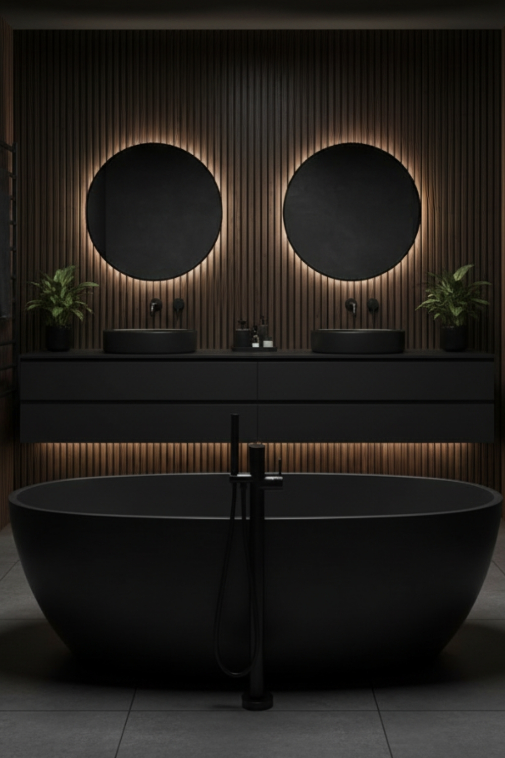 Une baignoire noire ovale trône dans une salle de bain moderne avec des miroirs ronds éclairés sur un mur en bois, évoquant un luxe sombre et raffiné.
