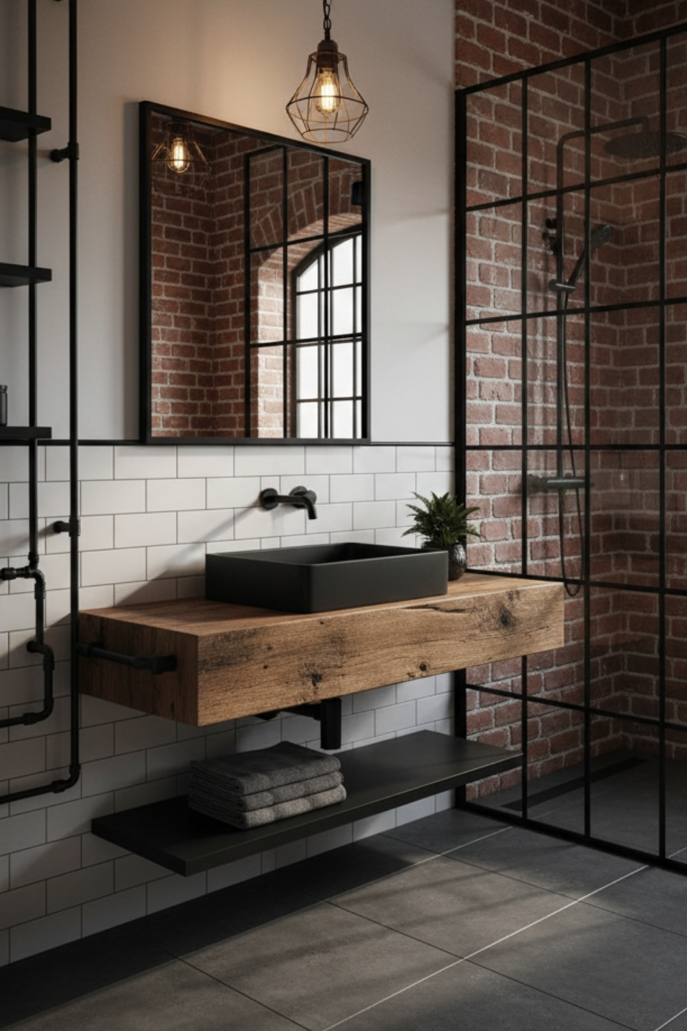 Une salle de bain moderne avec un lavabo noir sur un comptoir en bois rustique, devant un mur en briques rouges et blanches.
