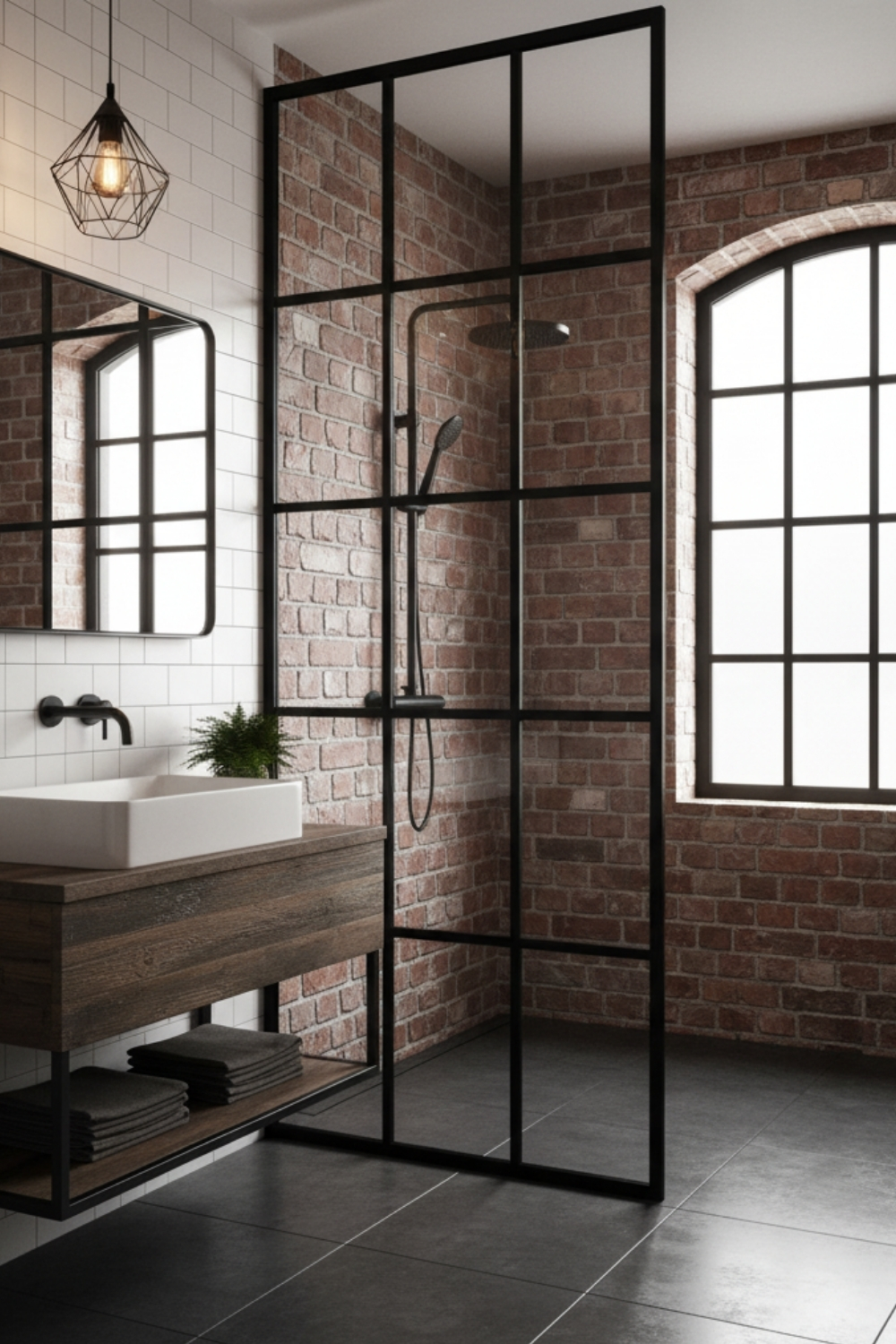 Une salle de bains industrielle présente une douche à cadre noir, un lavabo en bois et des murs en briques rouges, sous une lumière géométrique suspendue.