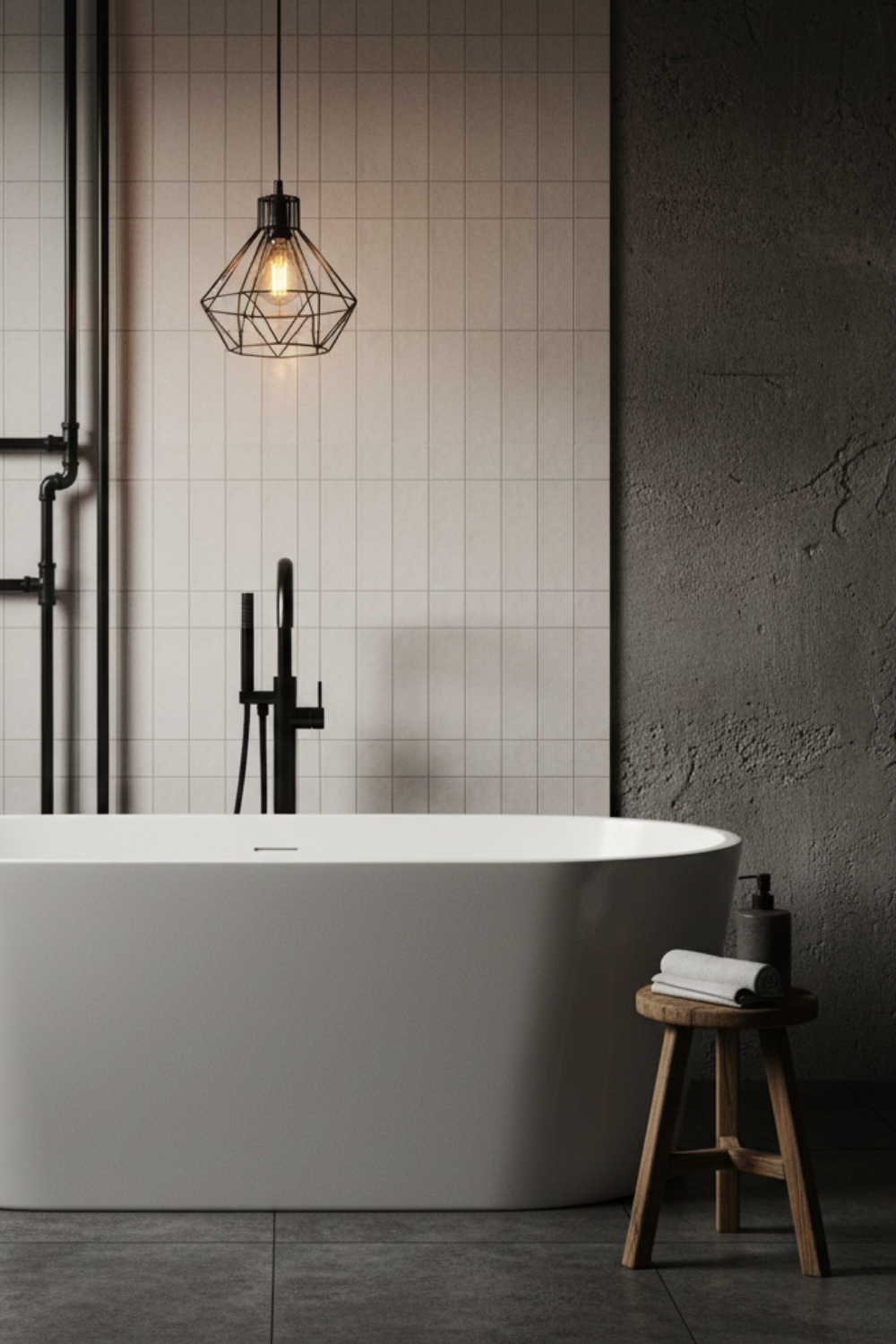 Voici une salle de bain moderne avec une baignoire blanche, une robinetterie noire, un tabouret en bois et un éclairage suspendu géométrique, sur un fond de carrelage clair et de mur texturé gris.