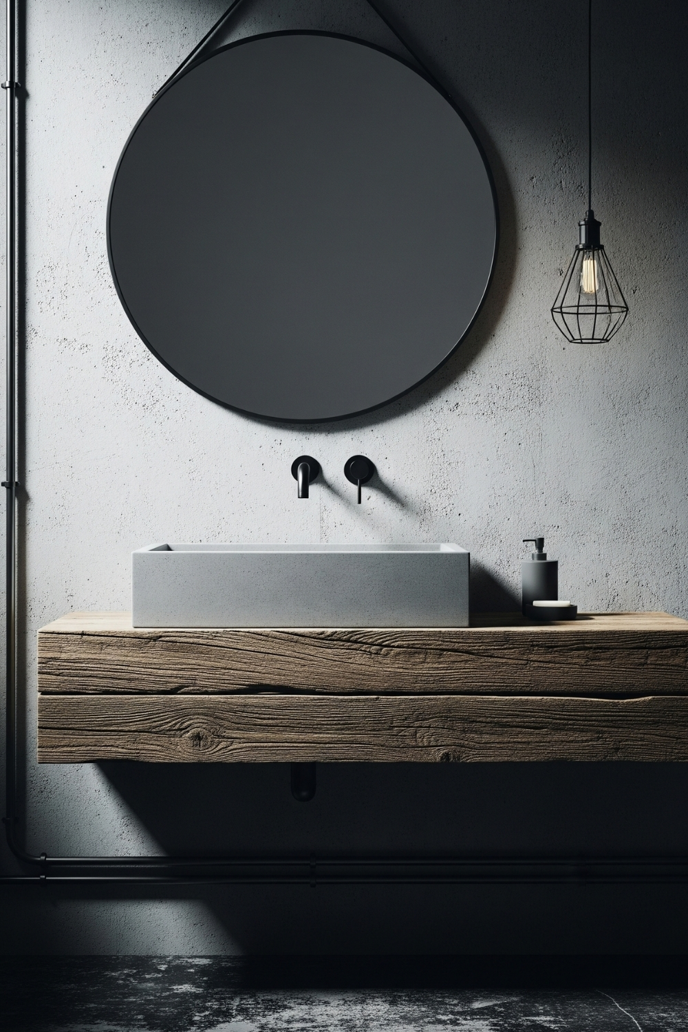 Voici une salle de bains moderne avec un miroir rond au-dessus d'un lavabo rectangulaire en béton, posé sur une étagère en bois rustique, sous une lumière suspendue.