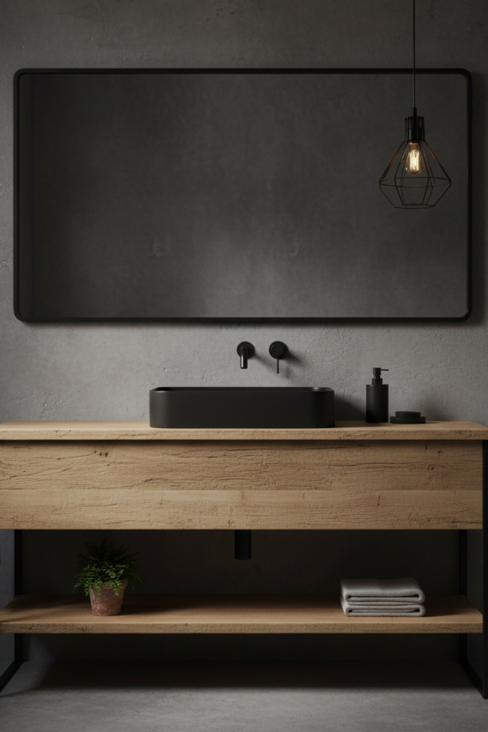 Un lavabo noir rectangulaire est posé sur un meuble en bois clair dans une salle de bain moderne avec un grand miroir et une suspension géométrique noire.