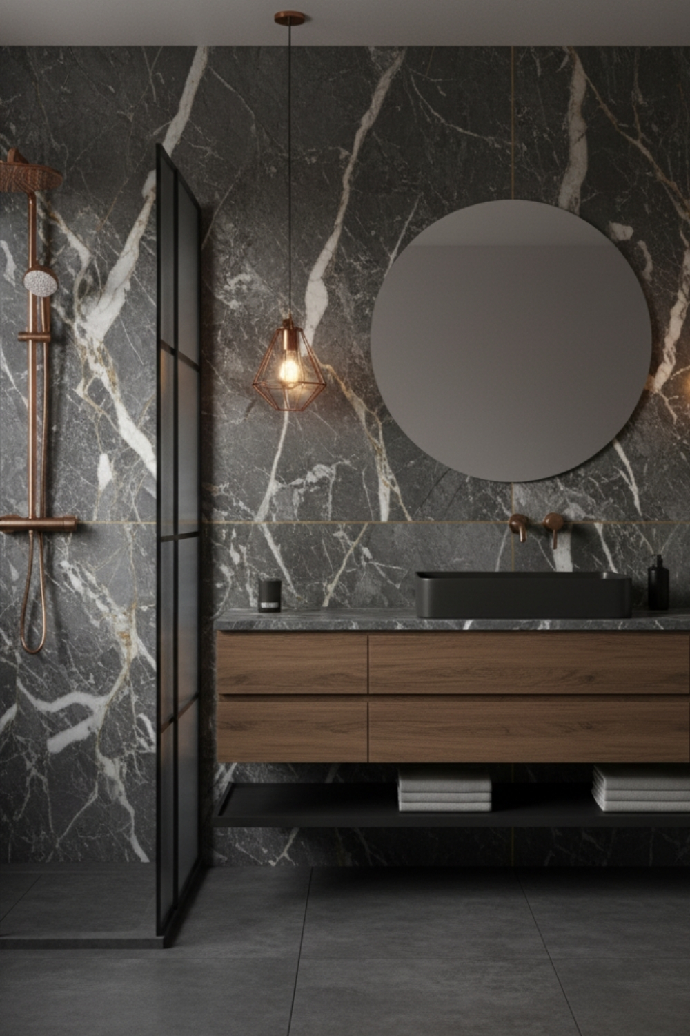 Une salle de bain élégante est décorée de marbre et de bois. Le meuble-lavabo en bois contraste avec le lavabo noir et la robinetterie dorée, soulignant le luxe de l'espace.
