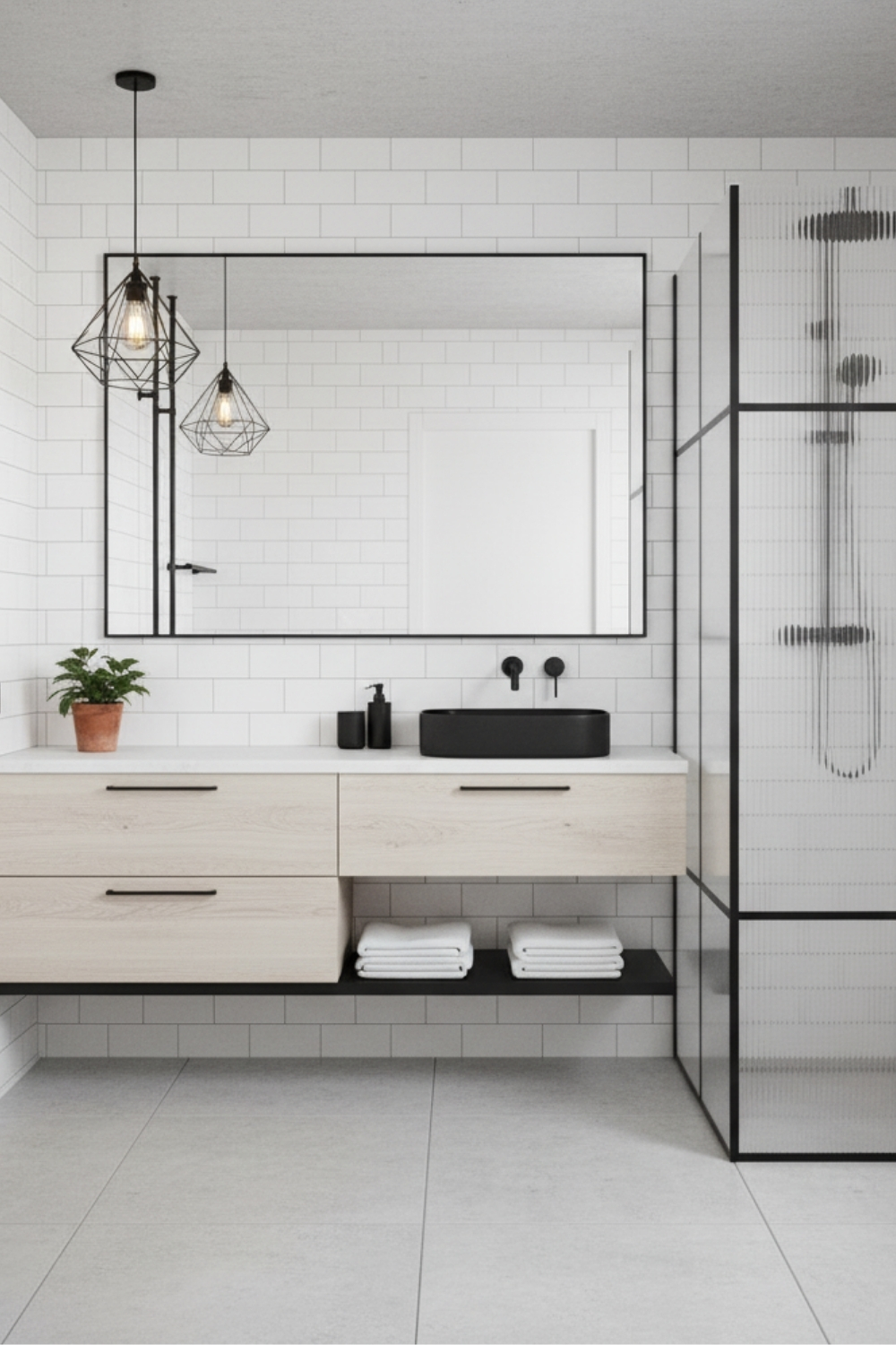 Une salle de bain moderne présente un lavabo noir sur un meuble en bois clair, avec un miroir encadré de noir et une douche vitrée.