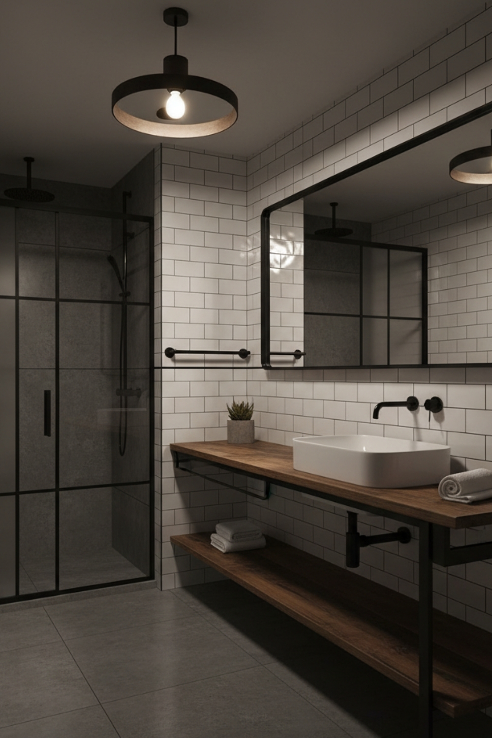 Salle de bain moderne avec une douche en verre à cadre noir, un lavabo blanc sur un comptoir en bois et des carreaux blancs. Une lumière pend au-dessus.