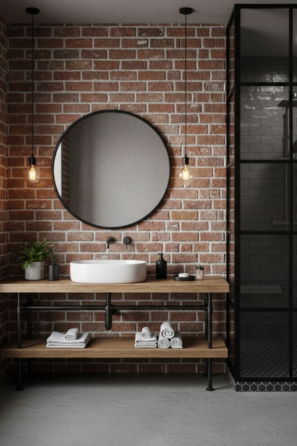 Un lavabo rond blanc repose sur une étagère en bois rustique contre un mur de briques rouges, éclairé par des ampoules suspendues, dans une salle de bain moderne.