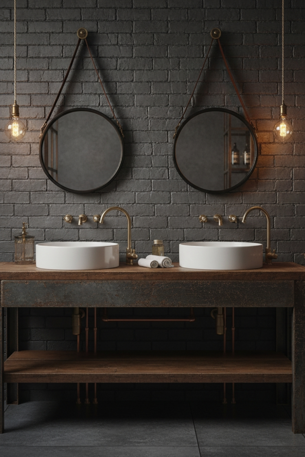 Deux lavabos blancs ronds reposent sur un meuble en bois rustique, flanqués de miroirs circulaires suspendus devant un mur de briques grises, éclairés par des ampoules à filament.