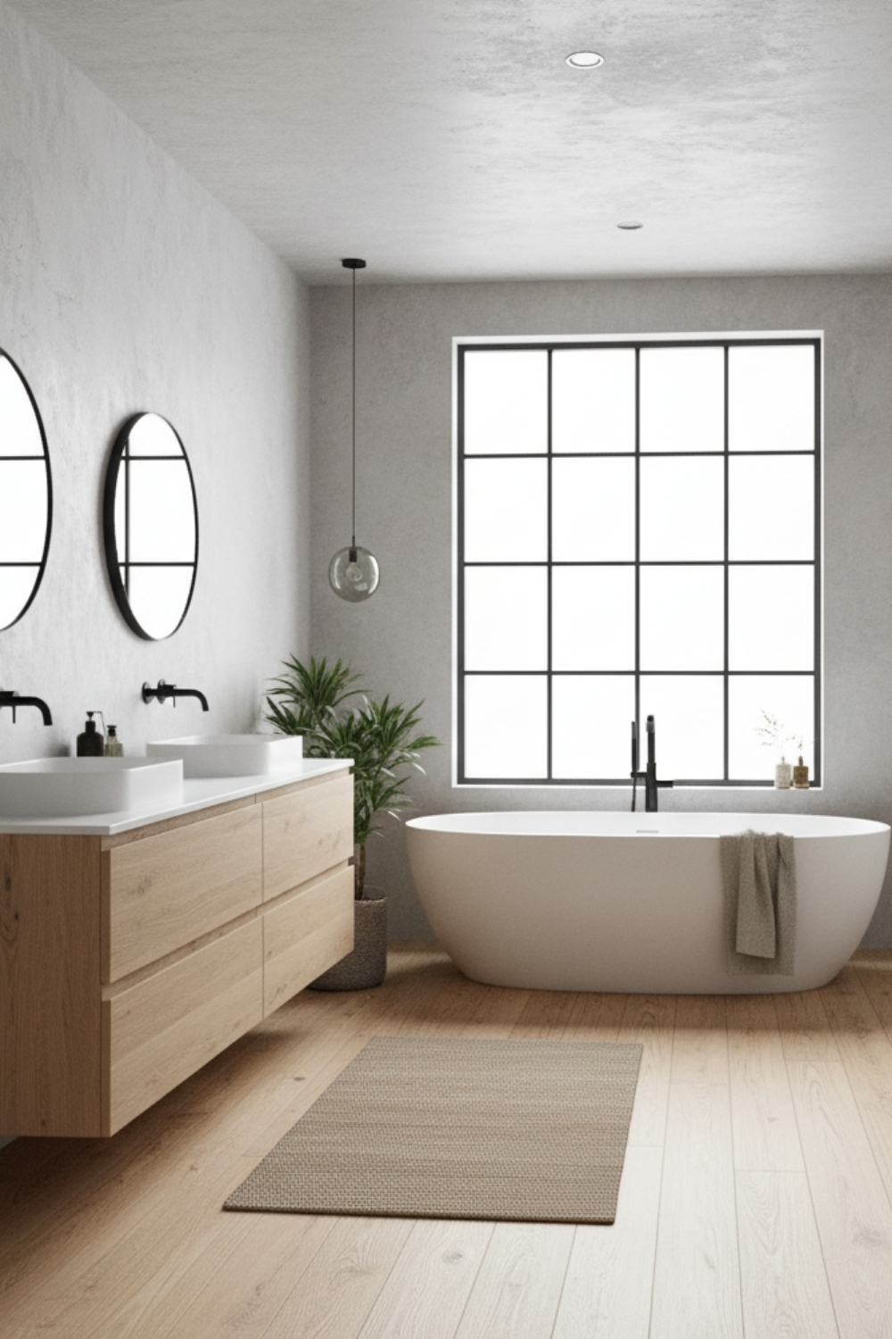 Voici une description de l'image : Une salle de bain moderne avec une baignoire, un lavabo en bois, des miroirs ronds et une grande fenêtre encadrée de noir.