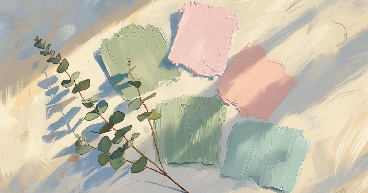 Dans une salle de bain style campagne chic, imaginez un mur baigné par la lumière douce d'une fin d'après-midi. La base est un blanc crème chaleureux. Sur ce fond, des échantillons de peinture texturée évoquent des sensations : un vert sauge apaisant, un rose poudré délicat comme un pétale, et un bleu layette nostalgique. Une petite branche d'eucalyptus séché est posée contre les échantillons, projetant une ombre délicate.