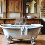 Une salle de bain de style campagne chic, spacieuse et lumineuse. Au centre, une majestueuse baignoire îlot sur pieds de lion en fonte émaillée blanche, remplie d'une eau fumante. En arrière-plan, un imposant meuble de métier en bois patiné, transformé pour accueillir deux vasques en céramique. Une vieille échelle en bois de fruitier, appuyée contre un mur en pierre apparente, sert de porte-serviettes où sont négligemment drapées des serviettes en lin épais.