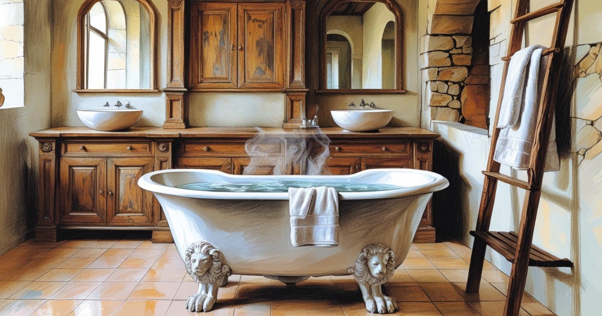 Une salle de bain de style campagne chic, spacieuse et lumineuse. Au centre, une majestueuse baignoire îlot sur pieds de lion en fonte émaillée blanche, remplie d'une eau fumante. En arrière-plan, un imposant meuble de métier en bois patiné, transformé pour accueillir deux vasques en céramique. Une vieille échelle en bois de fruitier, appuyée contre un mur en pierre apparente, sert de porte-serviettes où sont négligemment drapées des serviettes en lin épais.