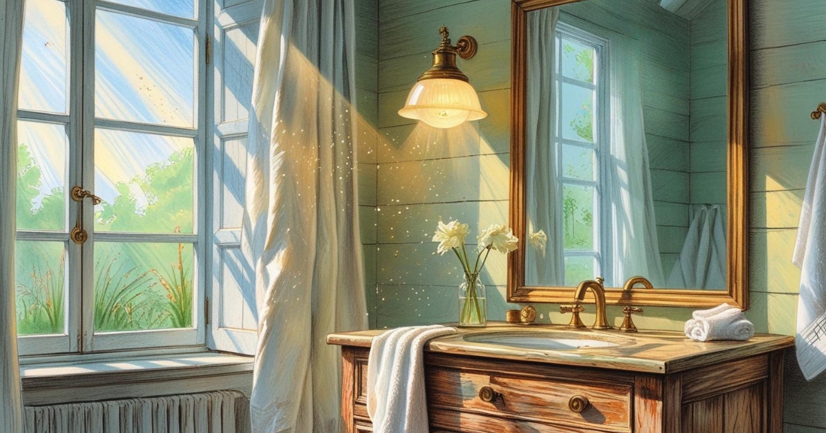 Dans une salle de bain style campagne chic, un rayon de soleil matinal traverse une fenêtre voilée de lin, illuminant les particules de poussière en suspension et venant caresser un meuble vasque en bois patiné. Au-dessus du miroir, un élégant luminaire suspendu de style rétro, en laiton vieilli avec un abat-jour en verre opalin, est allumé, mêlant sa lueur douce et chaude à la lumière naturelle. Cette double source lumineuse révèle la texture du bois, la douceur d'une serviette moelleuse et crée une ambiance à la fois fonctionnelle, poétique et incroyablement accueillante.